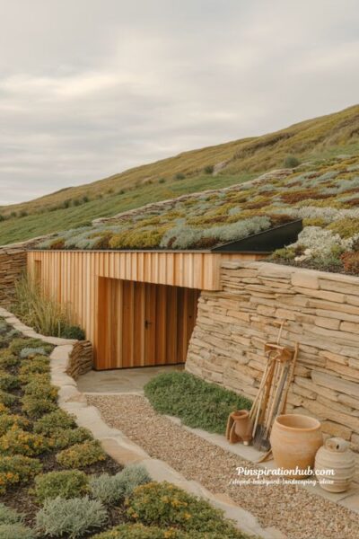 Integrated hillside garden shed with cedar siding and green roof landscaping