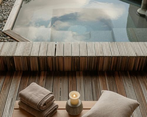 Jacuzzi outdoor ideas with small backyard spa design and calming natural retreat aesthetic