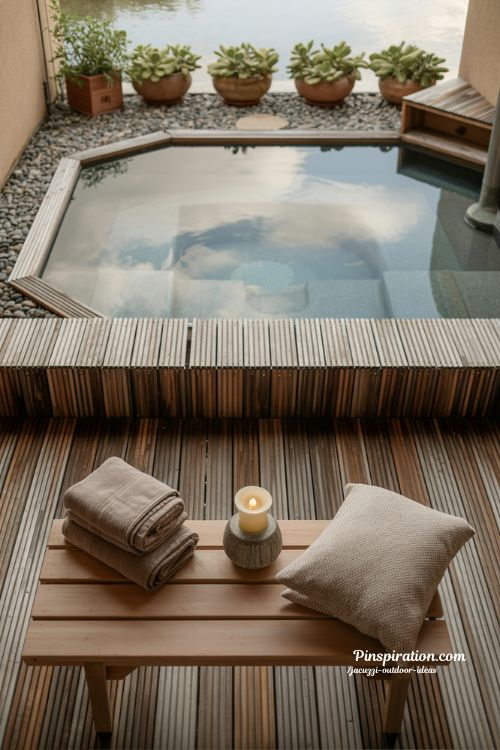 Jacuzzi outdoor ideas with small backyard spa design and calming natural retreat aesthetic