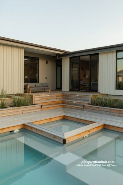 Kid friendly above ground pool deck with safe entry step platform and modern design