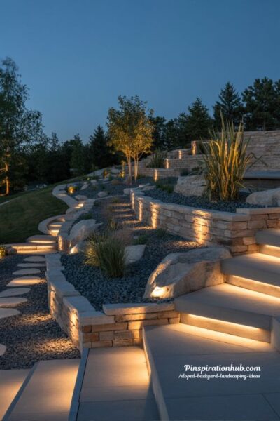 Landscape lighting for sloped backyard with retaining walls and night ambiance