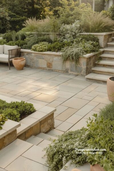 Layered patio ideas for small sloped backyard with soft grass borders and natural planting design