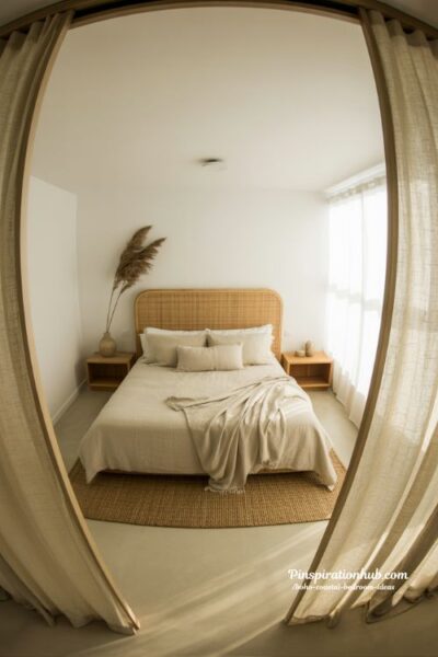 Linen and rattan minimalist boho coastal bedroom with neutral tones and natural textures