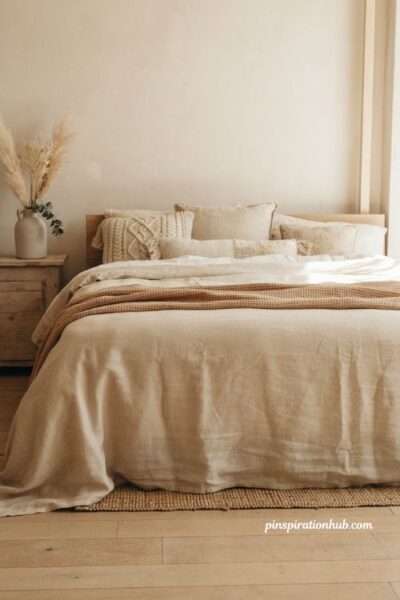 Luxurious oatmeal linen bedding set for a cozy coastal bedroom retreat