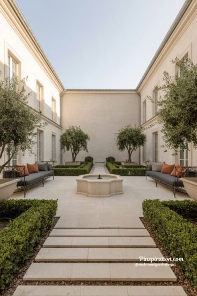 Luxury French courtyard design inspired by villa architecture with structured stone paths and elegant symmetry