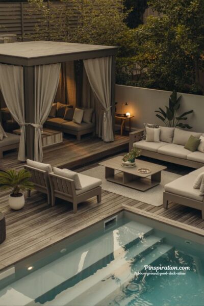 Luxury above ground pool deck ideas with modern resort backyard feel