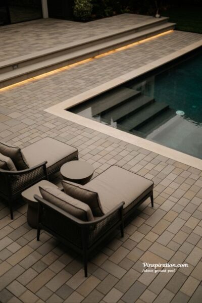 Luxury above ground pool ideas with stone pavers and subtle lighting for a refined modern backyard