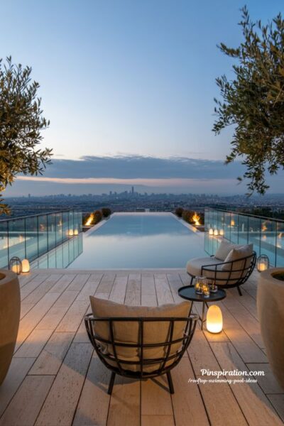 Luxury rooftop swimming pool with infinity edge design and skyline reflections