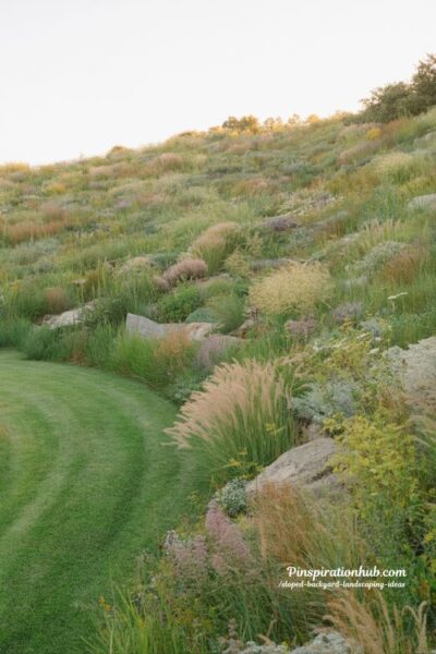 Meadow garden landscaping on sloped backyard with native grasses and wildflowers