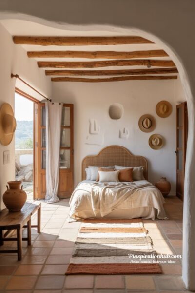 Mediterranean boho bedroom with whitewashed plaster walls wooden beams and open window light