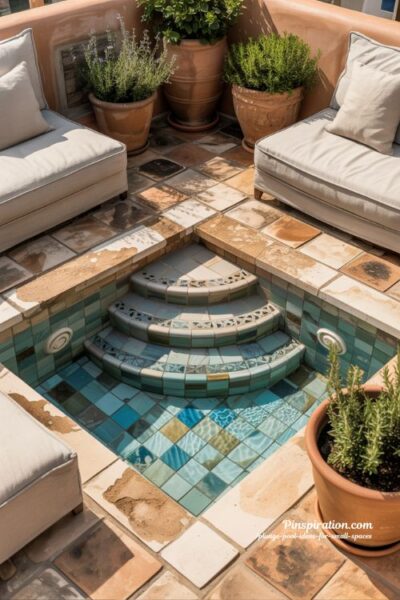 Mediterranean plunge pool ideas with mosaic tile and terracotta courtyard design