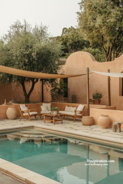 Mediterranean pool landscaping ideas with warm stone and terracotta textures