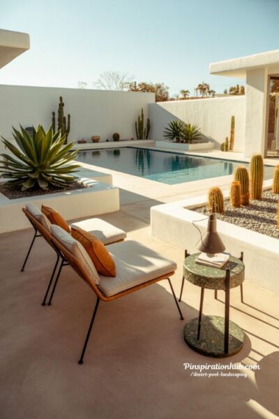 Mid century modern desert pool with Palm Springs lounge area and cactus garden