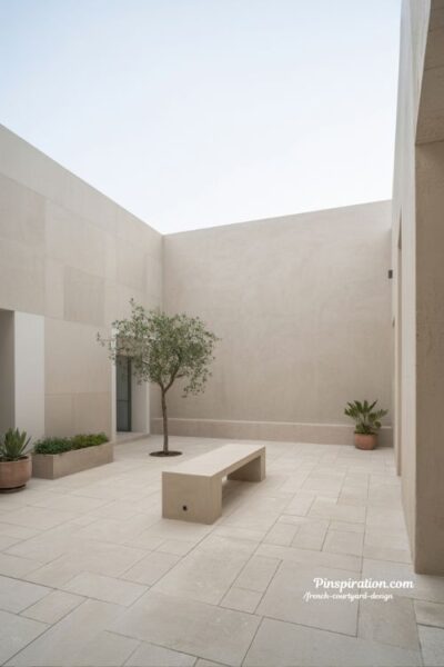Minimal French courtyard design with clean stone textures and calm open airy layout