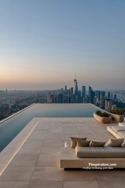 Minimal luxury rooftop swimming pool with infinity edge design and calm skyline horizon view