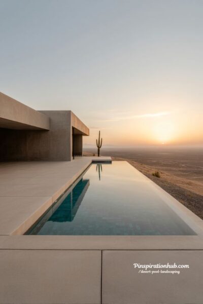 Minimalist desert infinity pool with sunset views and sculptural agave landscape