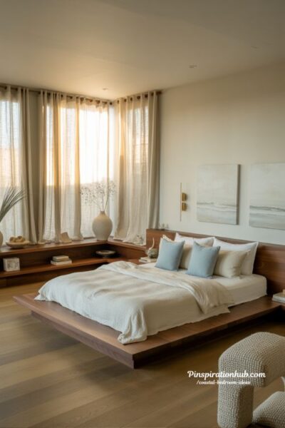 Modern California coastal bedroom with walnut wood and soft blue accents