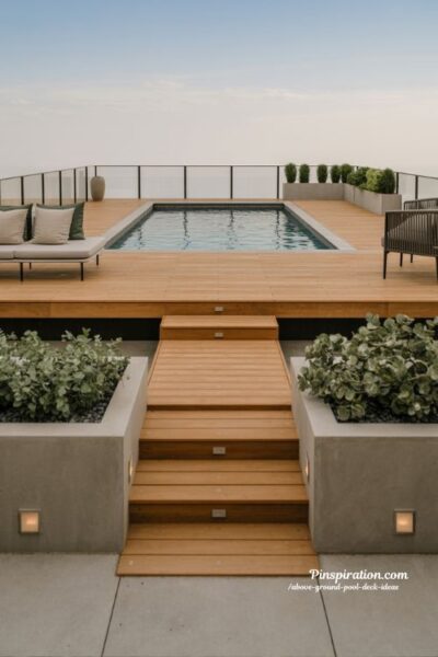 Modern above ground pool deck ideas with clean minimalist backyard style