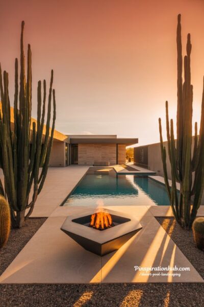 Modern desert home with pool fire pit and sculptural cactus landscape design