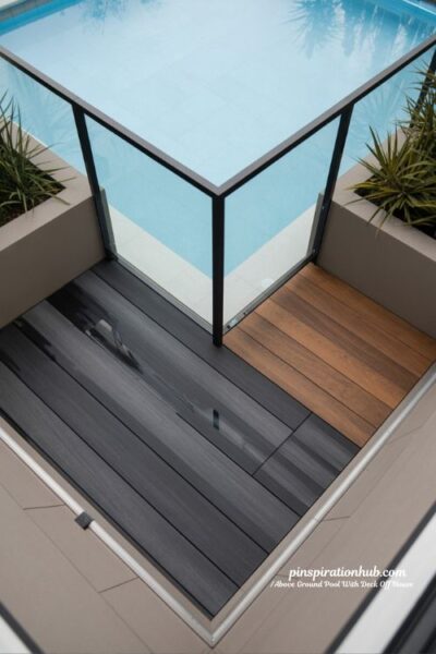 Modern minimalist above ground pool deck charcoal composite decking clean design