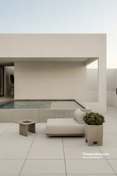 Modern minimalist above ground pool ideas with clean white deck and calm open backyard space