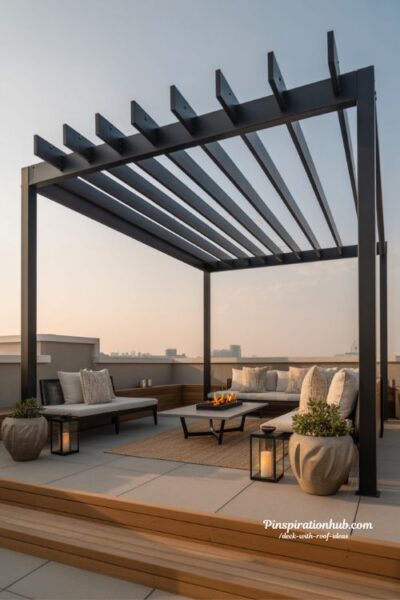 Modern rooftop deck with pergola shade structure and outdoor lounge design
