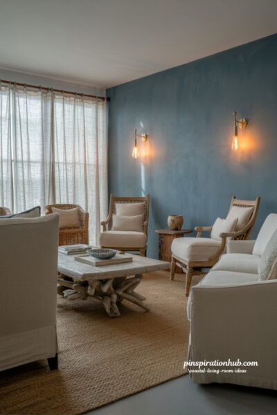 Moody blue gray coastal living room with warm lighting and natural textures