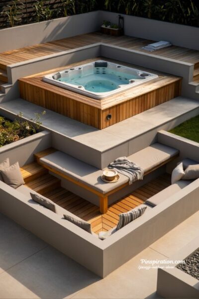 Multi level backyard jacuzzi outdoor ideas with steps platforms and organized spa space design