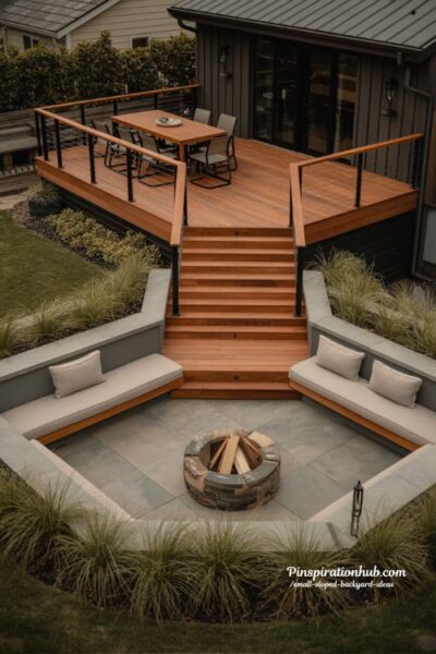 Multi level deck ideas for sloped backyard with lower fire pit zone and modern outdoor living design