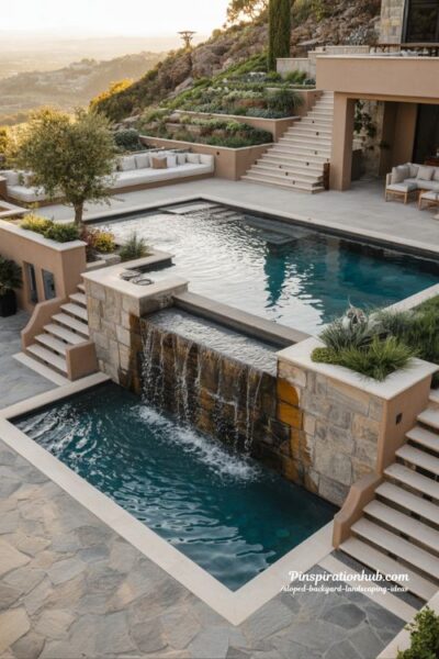 Multi level pool design for sloped backyard with resort style terraces