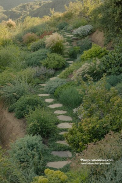 Native plant slope ideas for steep backyard with winding stone path and low maintenance landscaping