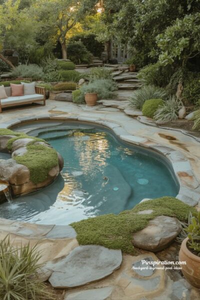 Natural backyard inground pool ideas with stone waterfall and organic landscaping