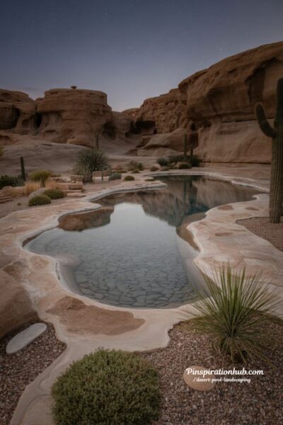 Natural desert rock pool surrounded by native vegetation and serene desert landscape
