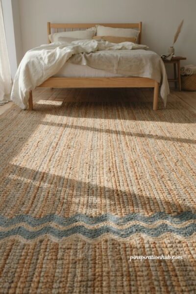Natural jute area rug ideas for a neutral coastal bedroom floor