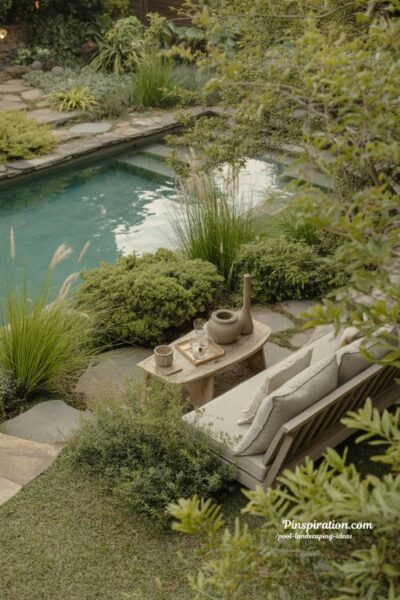 Natural pool landscaping ideas with layered greenery and organic backyard design