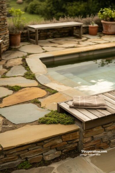 Natural stone jacuzzi outdoor ideas with earthy pathways greenery and grounded backyard spa design