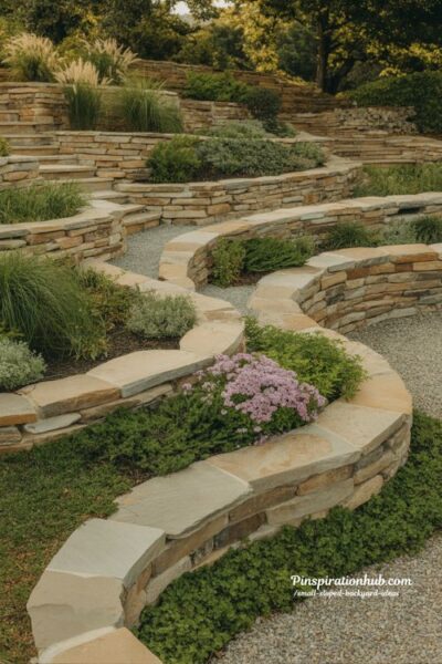 Natural stone terrace ideas for sloped backyard with curved retaining walls and layered garden planting
