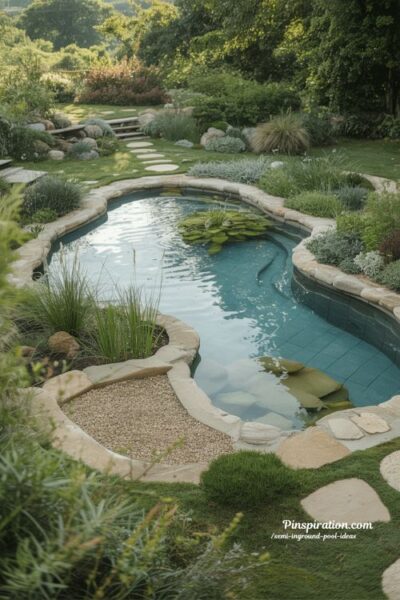 Natural swimming inground pool ideas without chemicals with aquatic plants and organic garden landscape design