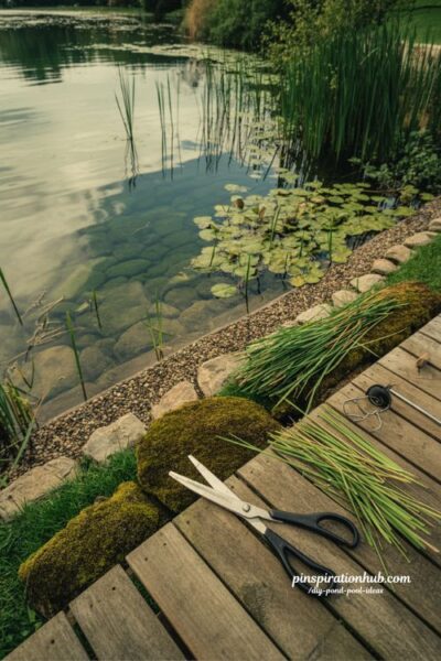 Natural swimming pond maintenance with vegetation removal and ecological diy pond pool care routine