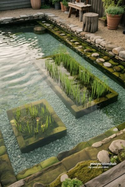 Natural swimming pond with gravel planted regeneration shelf and crystal clear diy pond pool landscaping