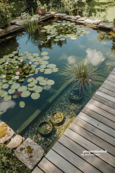 Natural swimming pond with waterlily cover and floating water hawthorn for summer cooling