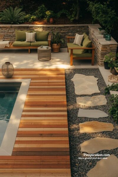 Natural wood and stone above ground pool deck ideas with earthy backyard style