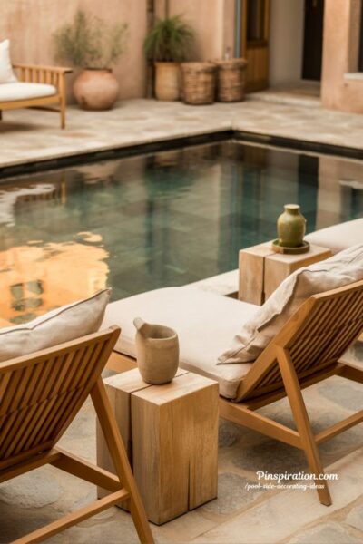 Natural wood pool side decorating ideas with warm outdoor textures and lived-in backyard charm