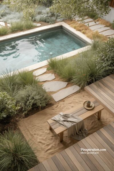 Nature inspired above ground pool ideas with wood stone and calming earthy backyard design