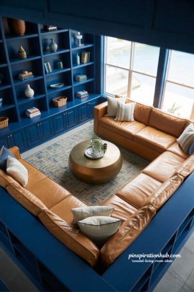 Navy and sandy beige coastal living room with built ins and leather sectional