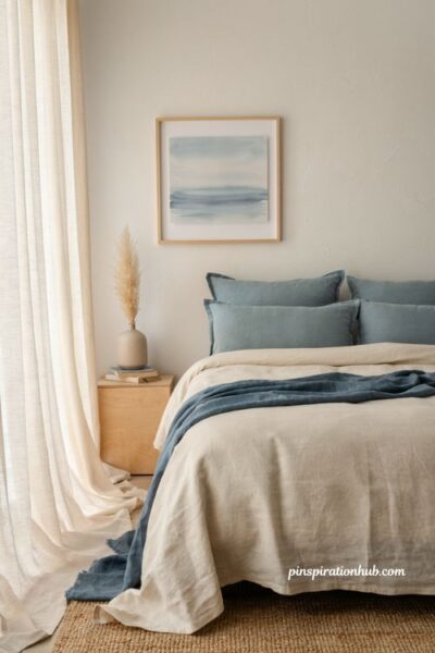 Neutral coastal bedroom decor with dusty blue pillows and sea glass accents