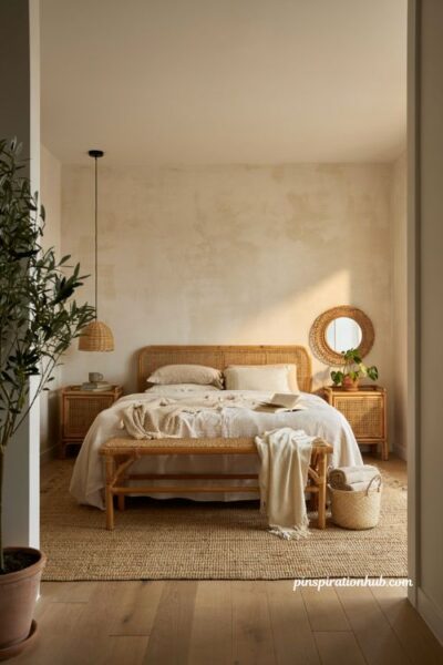 Neutral coastal bedroom design with rattan furniture and organic warmth