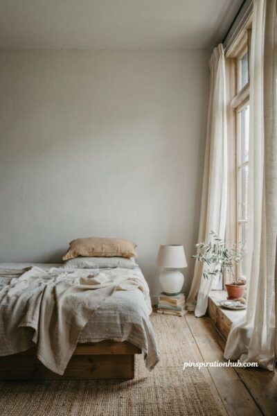Neutral coastal bedroom ideas with natural linen bedding and organic textures