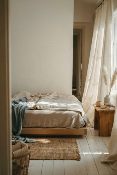 Neutral coastal bedroom in soft beige and ivory with natural linen bedding