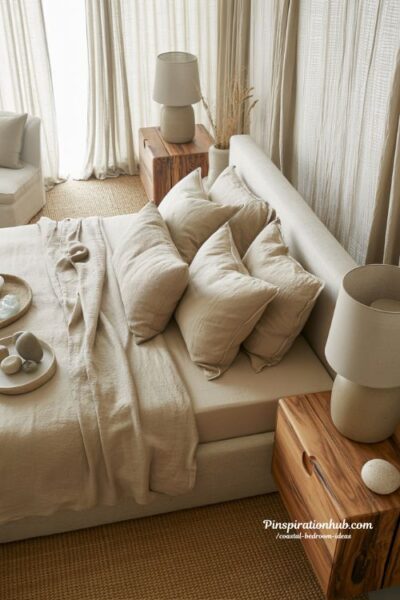Neutral coastal bedroom with driftwood tones and linen bedding aesthetic